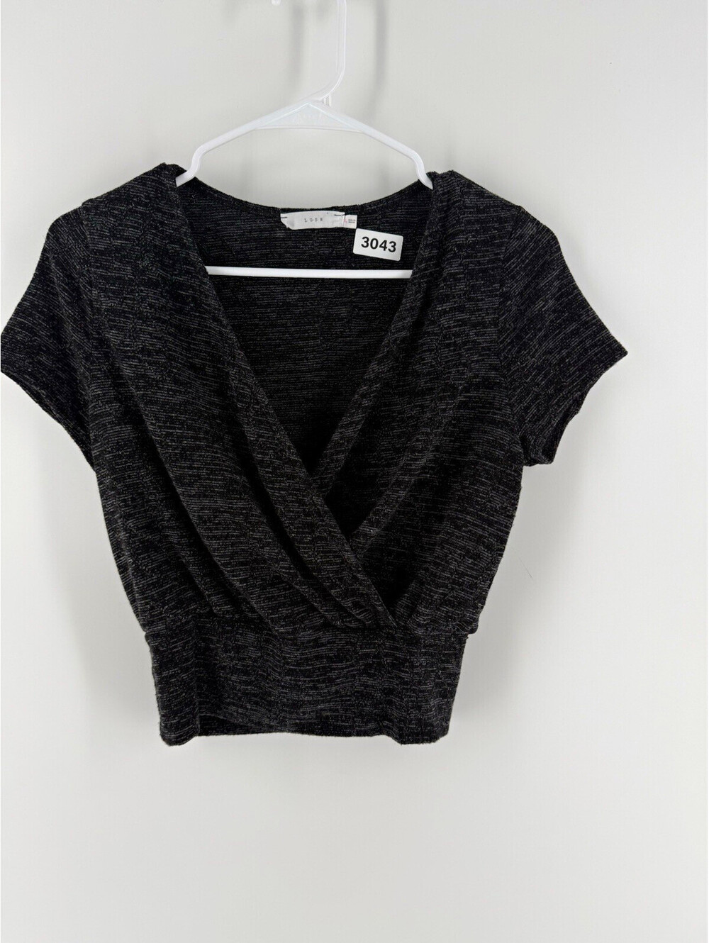 Lush Women’s Black Ruched Wrap V-Neck Short Sleeve Knit Blouse Size L